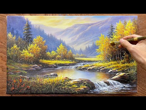 How to draw a mountain landscape with a stream / Acrylic painting / A Lu Art.