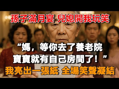 孫子滿月宴 兒媳開我玩笑：“媽，等你去了養老院，寶寶就有自己房間了！”我亮出一張紙 全場笑聲凝結！#夜讀人生 #朝夕書卷  #情感故事  #為人處世 #不肖子孫 #養老故事 #樂齡故事匯