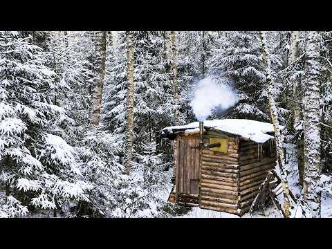 The Forest Hut is now Cozy. I installed a Stove. Night in the Winter Forest.