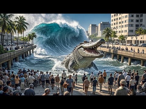 The tsunami washed over the city, and giant crocodiles lurked into the water to attack humans