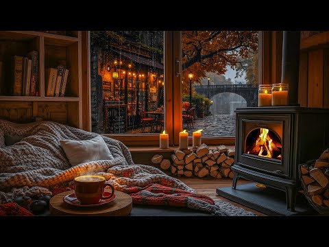Tranquil Fall Reading Corner in Autumn Rain 🍁 Jazz, Rain & Fireplace for Work or Study