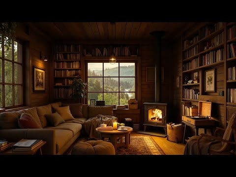 Peaceful Morning in Cozy Reading Cabin Ambience ~ Smooth Jazz Music & Crackling Fireplace for Unwind