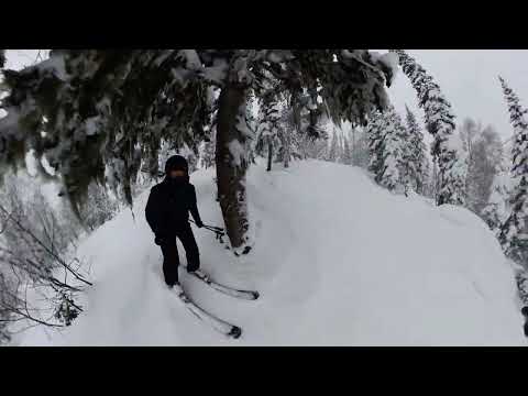 Соло фрирайд в Шерегеше в лесу между синим подъёмником и долларом.