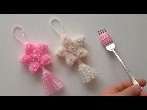 💖Super Easy Pom Pom Star Making Idea Wiht Fork👌🏻Dıy Woolen Crafts