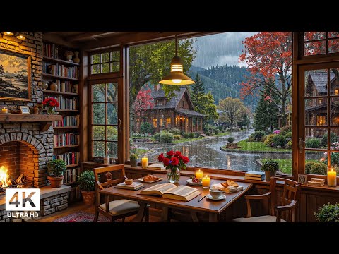 Cozy Spring Jazz Coffee Shop Rain ☕ Relaxing Jazz Piano & Crackling Fireplace for Study & Work