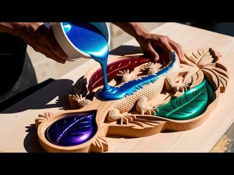 Amazing Woodworking: Crafting A Colorful Lizard Heart Table With Vibrant Epoxy Resin Art Design