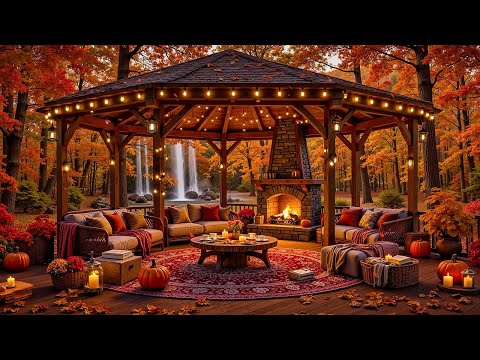 Peaceful Autumn Porch Vibes🍁Mellow Jazz Tunes, Fireside Crackle & Fall Ambience for Focus,Relaxation