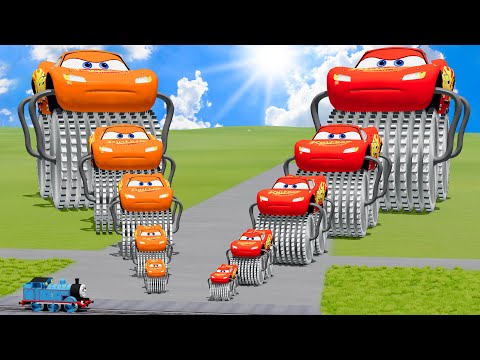 Big & Small Color Long Lightning Mcqueen Double Monster Saw Wheels vs Trains | BeamNG.drive