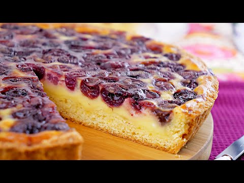 Open fruit shortbread pie with sour cream filling! Cherry pie with sour cream filling