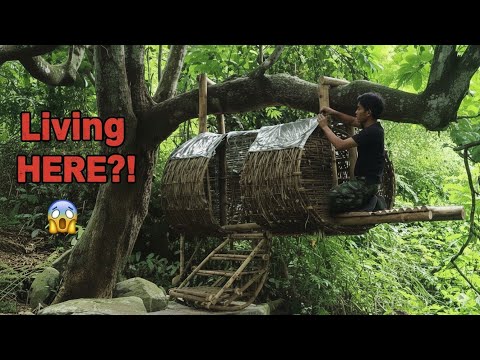 Building a Warm and Cozy NEST Bushcraft tree house, Survival shelter, tree house 