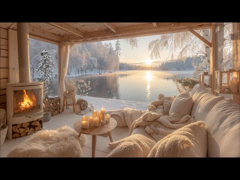 December Winter Afternoon By The Lake ⛄ Soft Piano, Falling Snow & Warm Fireplace for Deep Focus