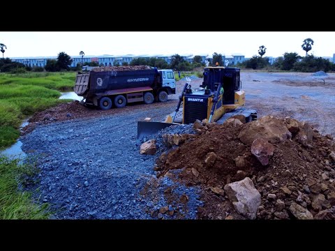 Powerful SHANTUI DH17C3 Dozer Pushing Rock & Soil to Fill Flood Area with Dump Truck