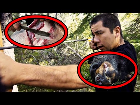 A Man Hunted A Black Bear Alone And Collected Trophies Such As Bear Skin And Bear Meat.