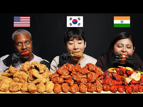 [AMERICA vs INDIA vs KOREA] People Try Each Other's Chicken!! FRIED, SPICY, TANDOORI (ASMR MUKBANG)