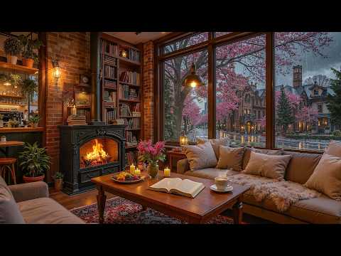 Warm Coffee Shop Jazz on a Rainy Spring Night | Soft Piano Jazz & Fireplace Ambience for Focus
