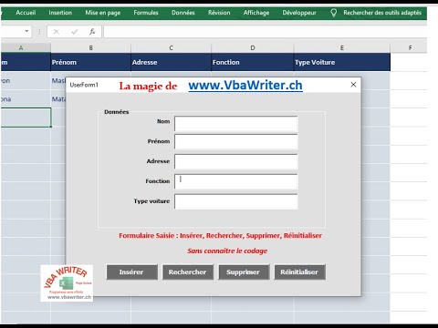 VBA Formulaire saisie/ Insérer, Rechercher, Supprimer, Réinitialis./ Sans codage_4. www.VbaWriter.ch