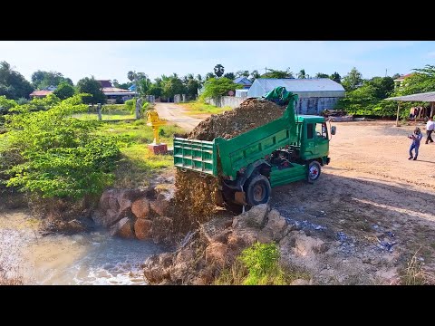 Nice Whole Start New Project Delete Pond ! Bulldozer Komatsu D20P push Stone , Truck Unloading