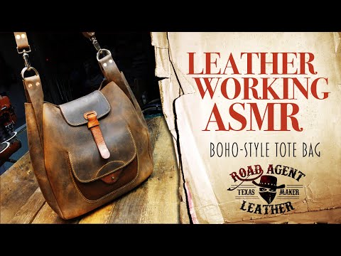 Making a handmade boho-style leather tote bag. Leather craft ASMR