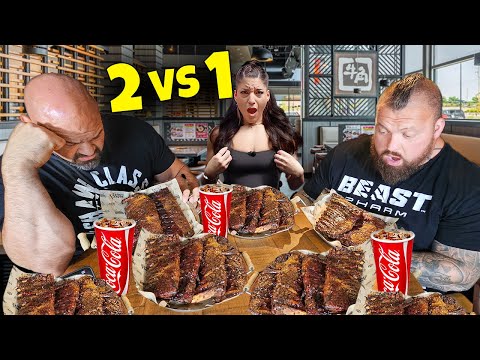 STRONGMEN VS 150LB PROFESSIONAL EATER Ft. Leah Shutkever | 15LBS OF RIBS FOOD CHALLENGE