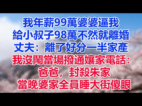 我年薪99萬，婆婆逼我給小叔子98萬，不然就離婚，丈夫：離了好，分一半家產，我沒鬧當場撥通孃家電話：爸爸，封殺朱家，當晚婆家全員睡大街傻眼