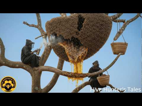 Climbing a giant, withered old tree to harvest wild honey -a one-of-a-kind bee-catching event