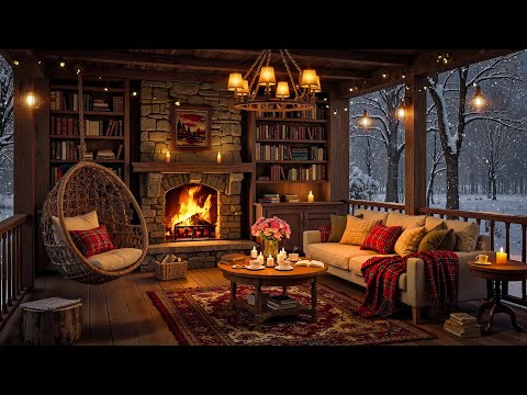 Winter Night in a Cozy Porch Corner ❄️ Soft Jazz & Warm Fireplace Sounds for Stress Relief
