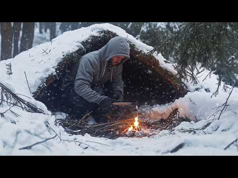 Building Bushcraft Survival Shelter in a Snowy Forest, Survival Skills, Solo Winter Camping