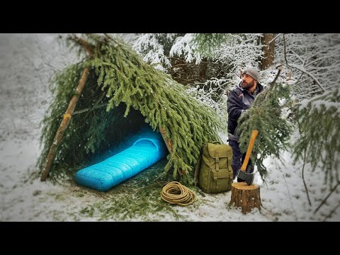 Construction of an A-frame shelter protected from blizzards over a stream.