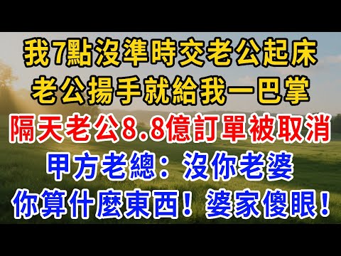 我7點沒準時交老公起床，老公揚手就給我一巴掌，婆婆拉著我 “算了 一巴掌而已” ，隔天老公公司 8.8 億訂單被取消，甲方老總：沒你老婆，你算什麼東西！婆家傻眼！