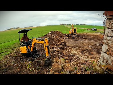 Chinese MINI EXCAVATOR cleaning up a barn that COLLAPSED!