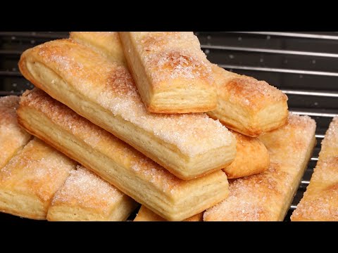 Quick crispy puff pastry tongues: knead for 10 minutes, cool for 30 minutes, bake for 20 minutes
