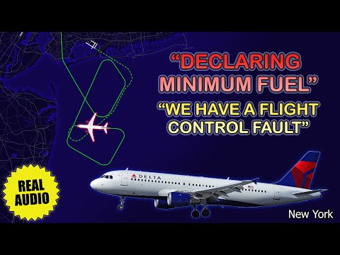 Airplane almost runs out of fuel during flight control emergency at New York Kennedy. Real ATC