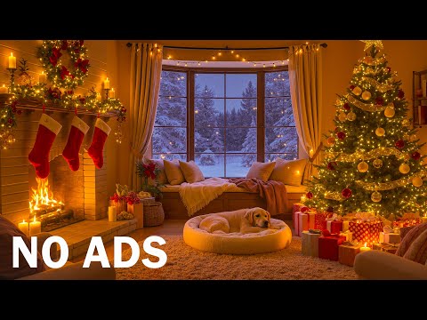 Warm Fireplace Ambience For Dogs - Snow Christmas Night with Soft Piano & Cozy Cabin Vibes