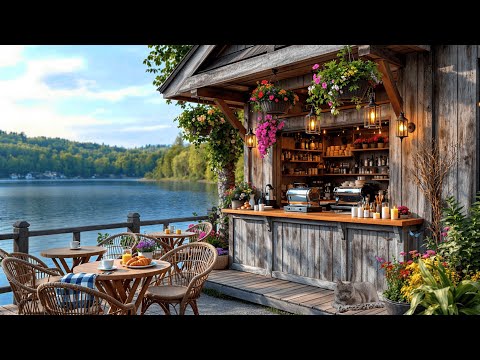 Cozy Outdoor Coffee Shop By Summer Lakeside Ambience with Smooth Jazz Music For Working And Studying