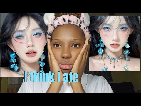 BLUE DOUYIN MAKEUP ON BLACK GIRL 💙👩🏿‍🦱