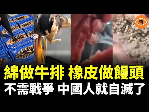 綿做的牛排、橡皮做的饅頭、泥巴做的胡椒粒，中國人身體扛不住了，不需要戰爭，自己人就滅了自己人