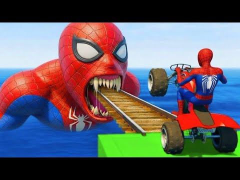 سبايدر مان اصعب دراجة نارية فوق اسماك القرش - Superheroes Ride on Motorcycle Stunt Funny Moments??
