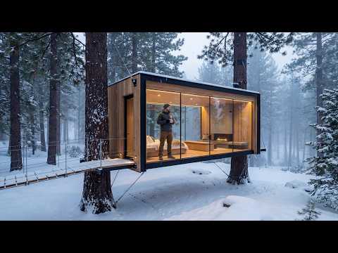 Building a Modern Glass Cabin in the Snow (ASMR) - Solo forest tiny house build from scratch