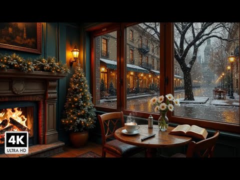 Cozy Coffee Shop On A Snowy Winter Day ❄️ Jazz Piano Music and Fireplace Sounds For Relax