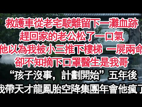救護車從老宅駛離留下一灘血跡趕回家的老公松了一口氣他以為我被小三推下樓梯 一屍兩命卻不知摘下口罩醫生是我哥：“孩子沒事，計劃開始”五年後我帶天才龍鳳胎空降集團年會他瘋了【顧亞男】【大女主】【婚姻自主】