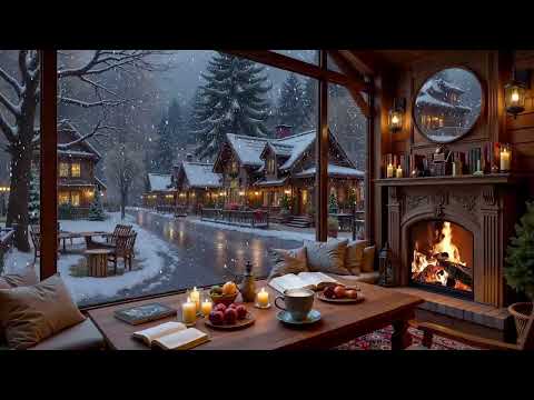 Beautiful Winter Coffee Shop ❄️ Gentle Jazz Music & Warm Fireplace for Study & Work