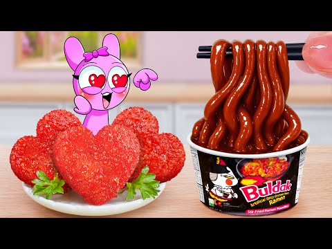 Top 1 Fast Food 💖 Miniature Fried Chicken Nuggets Heart Shape and Korean Noodles 🍜 Mina Mini Kitchen