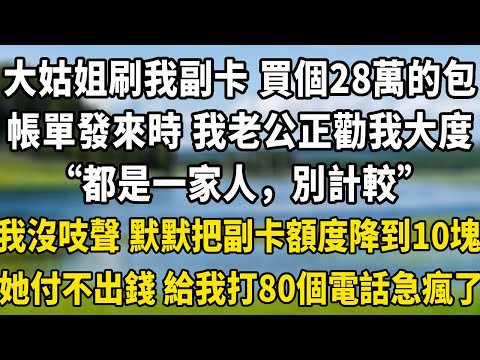 大姑姐刷我的副卡 買了個28萬的包，銀行帳單發來時 我老公正勸我大度“都是一家人，別計較”我沒吱聲 默默把副卡額度降到10塊，隔天她付不出錢 給我打80個電話急瘋了！#翠花的秘密 #小說聽書 #情感