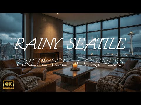 Rainy Seattle apartment with cozy crackling fireplace 🌧️ 4K ULTRA