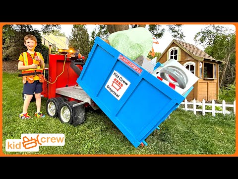 Dumpster delivery with kids roll-off garbage truck and trash cleanup. Educational | Kid Crew