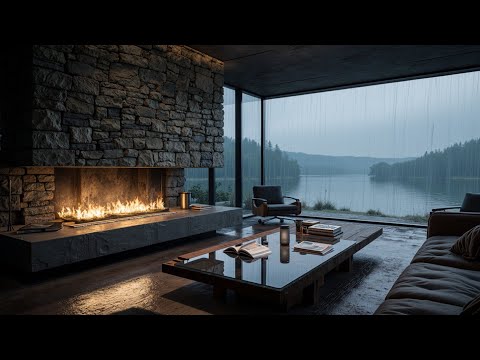 Warm Jazz Cabin Vibes ~ Rainy Day Fireplace Ambience & Relaxing Smooth Jazz