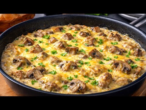 Schneller und leckerer Pilz-Hähnchen-Julienne aus der Pfanne! Sattes Abendessen in 15 Minuten!