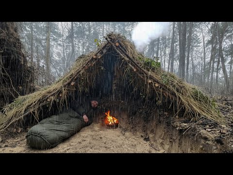 Building a Forest Shelter and a Mini-Stove for the Night. Cold Weather Survival