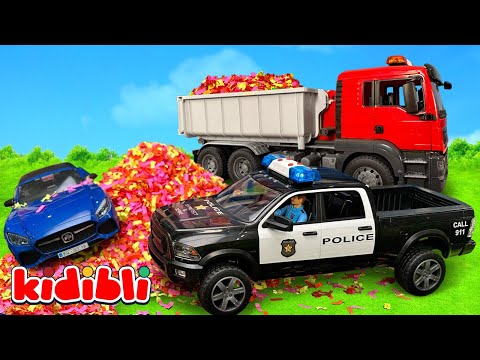 Juguetes camión de basura, coche y bulldozer limpian los desechos confeti 🚛 Vídeo infantil | Kidibli