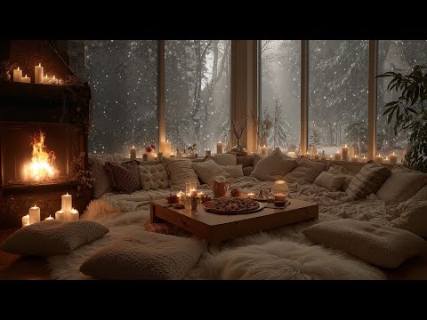 A Calm Winter Cabin Evening ❄️ Piano, Snowfall & Fireplace Glow for Relaxation